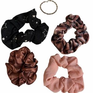 4 Stylish Scrunchies & Sparkly Beaded Hair Accessory - Black, Brown, Pink